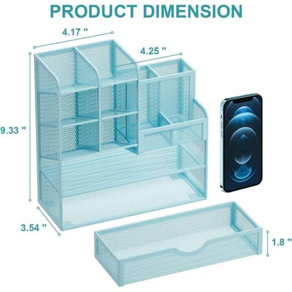 Mesh Desk Organizer Pen Holder with Drawer Office Supply Storage Caddy Blue - Picture 3 of 7
